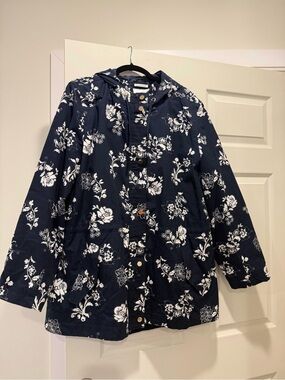 Charter Club Navy Floral Hooded Rain Jacket